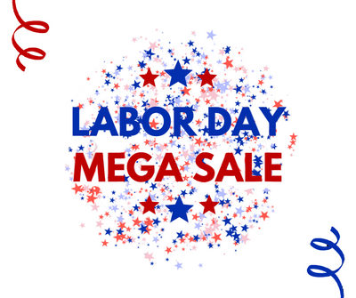 Labor Day Mega Sale text with stars and ribbons on a white background